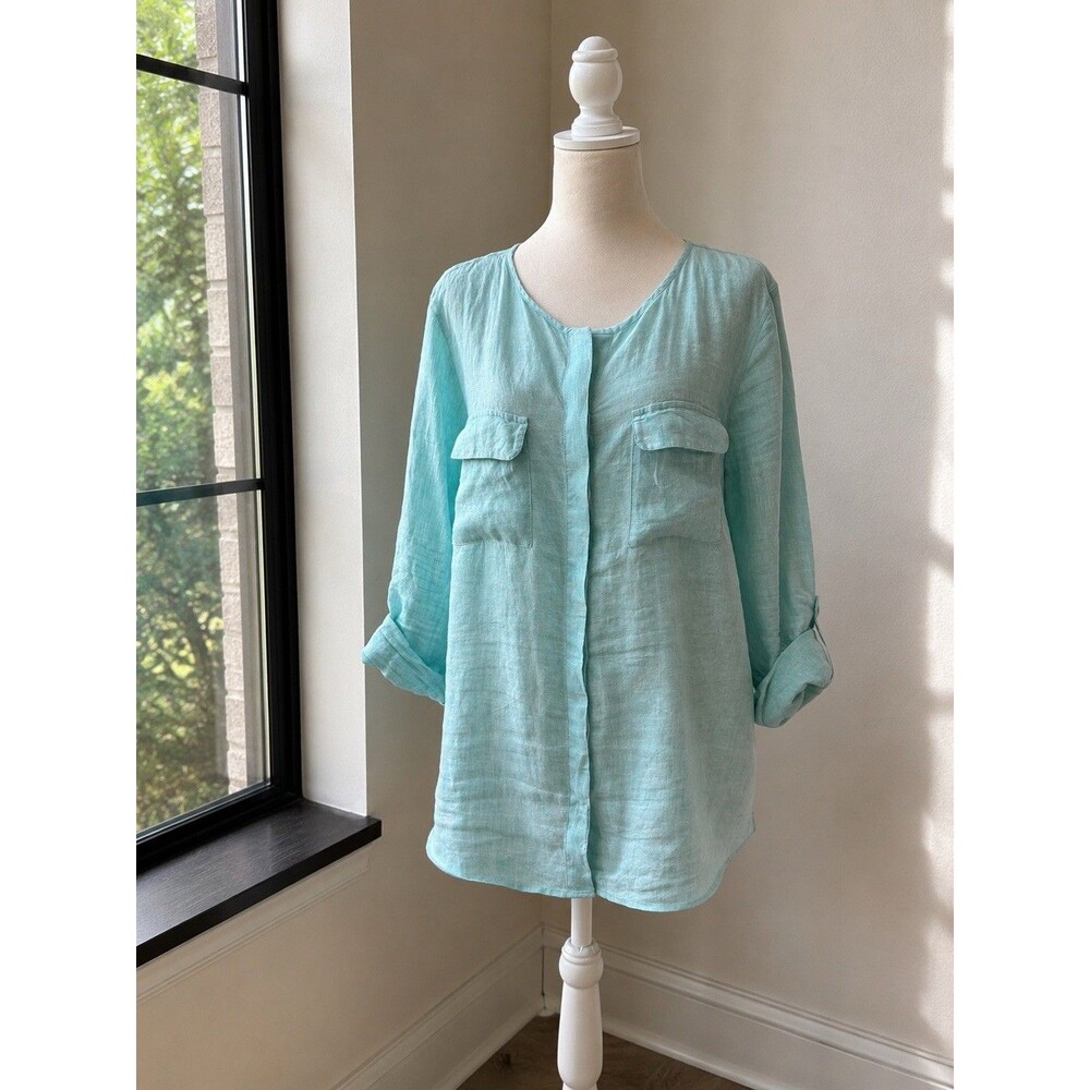 Talbots Linen Shirt Blouse Roll Tab Sleeve Button Up Pockets Aqua Collarless L - Picture 2 of 8